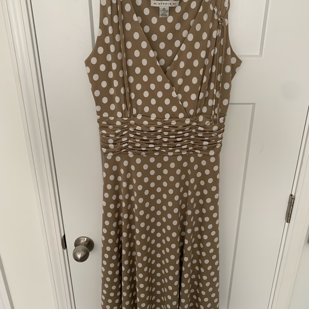Tan/white polka dot sleeveless dress, size 12